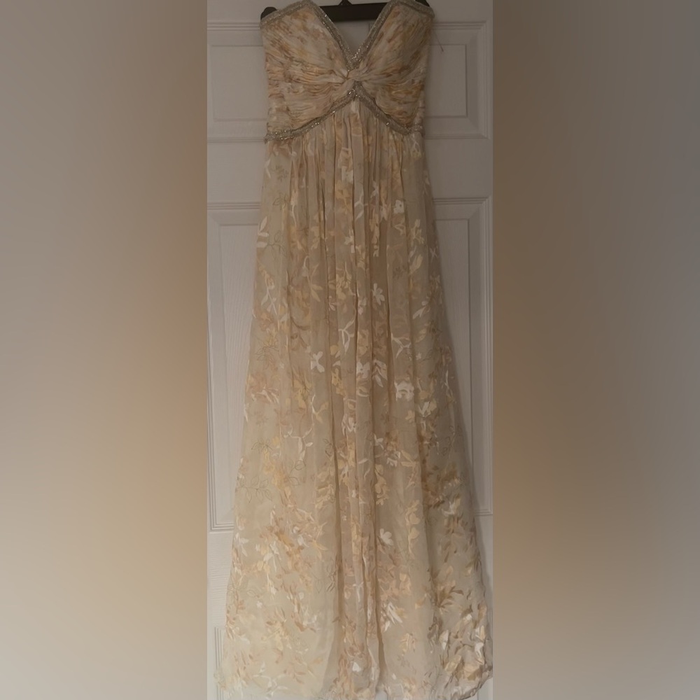 Luxe Cache formal 2 gown dress beaded floral gold ivory white cream strapless XS